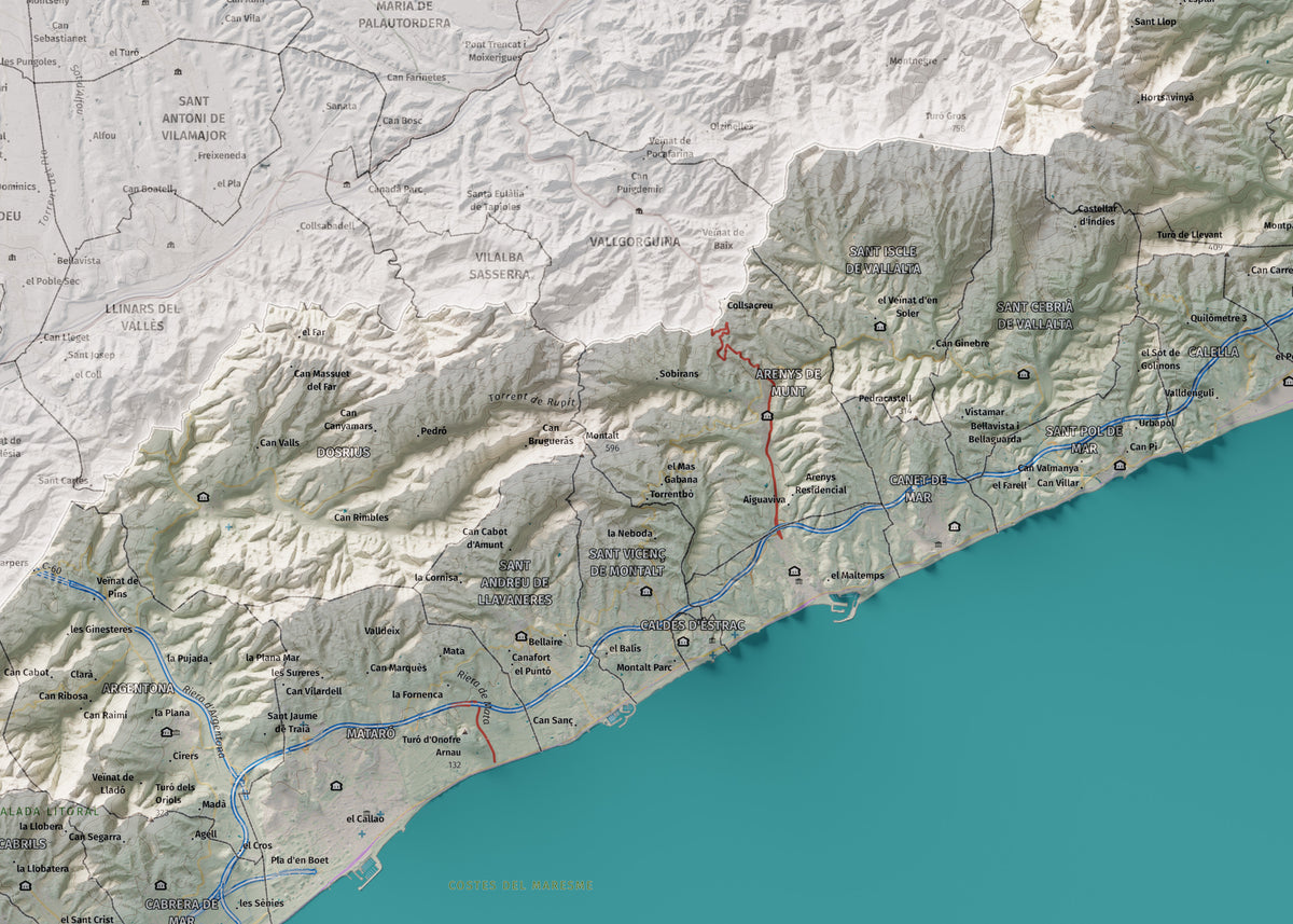 Mapa de relleu del Maresme, amb el territori en color i l’entorn en blanc. Detall de la part central. 50 × 70 cm. Estil Cartogràfic.