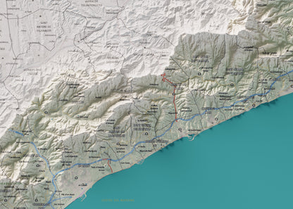 Mapa de relleu del Maresme, amb el territori en color i l’entorn en blanc. Detall de la part central. 50 × 70 cm. Estil Cartogràfic.
