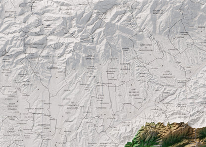 Mapa de relleu del Maresme, amb el territori en color i l’entorn en blanc. Detall de la part superior esquerra. 50 × 70 cm. Estil Clàssic.