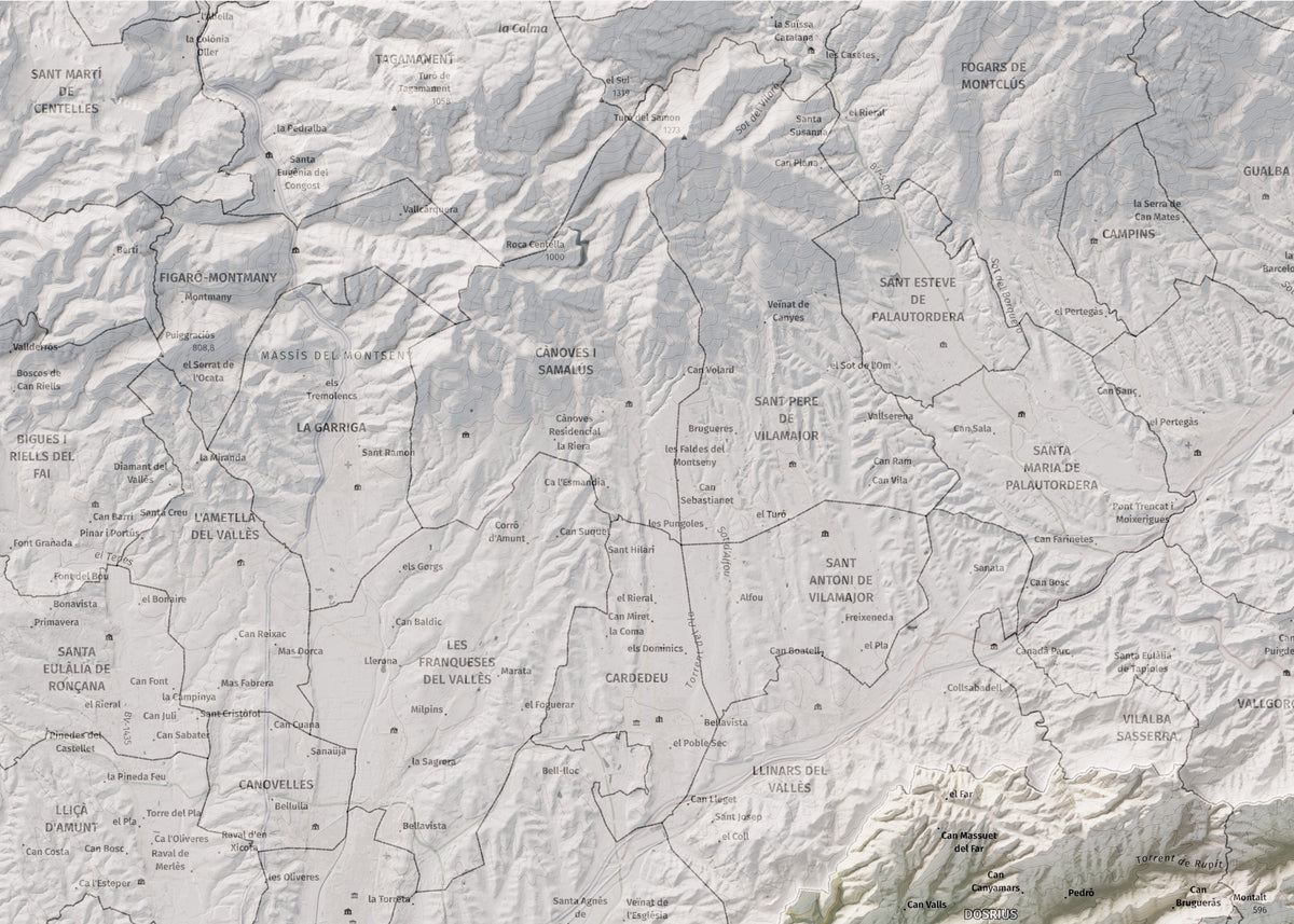 Mapa de relleu del Maresme, amb el territori en color i l’entorn en blanc. Detall de la part superior esquerra. 50 × 70 cm. Estil Cartogràfic.