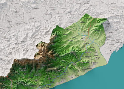 Mapa de relleu del Maresme, amb el territori en color i l’entorn en blanc. Detall de la part superior dreta. 50 × 70 cm. Estil Clàssic.