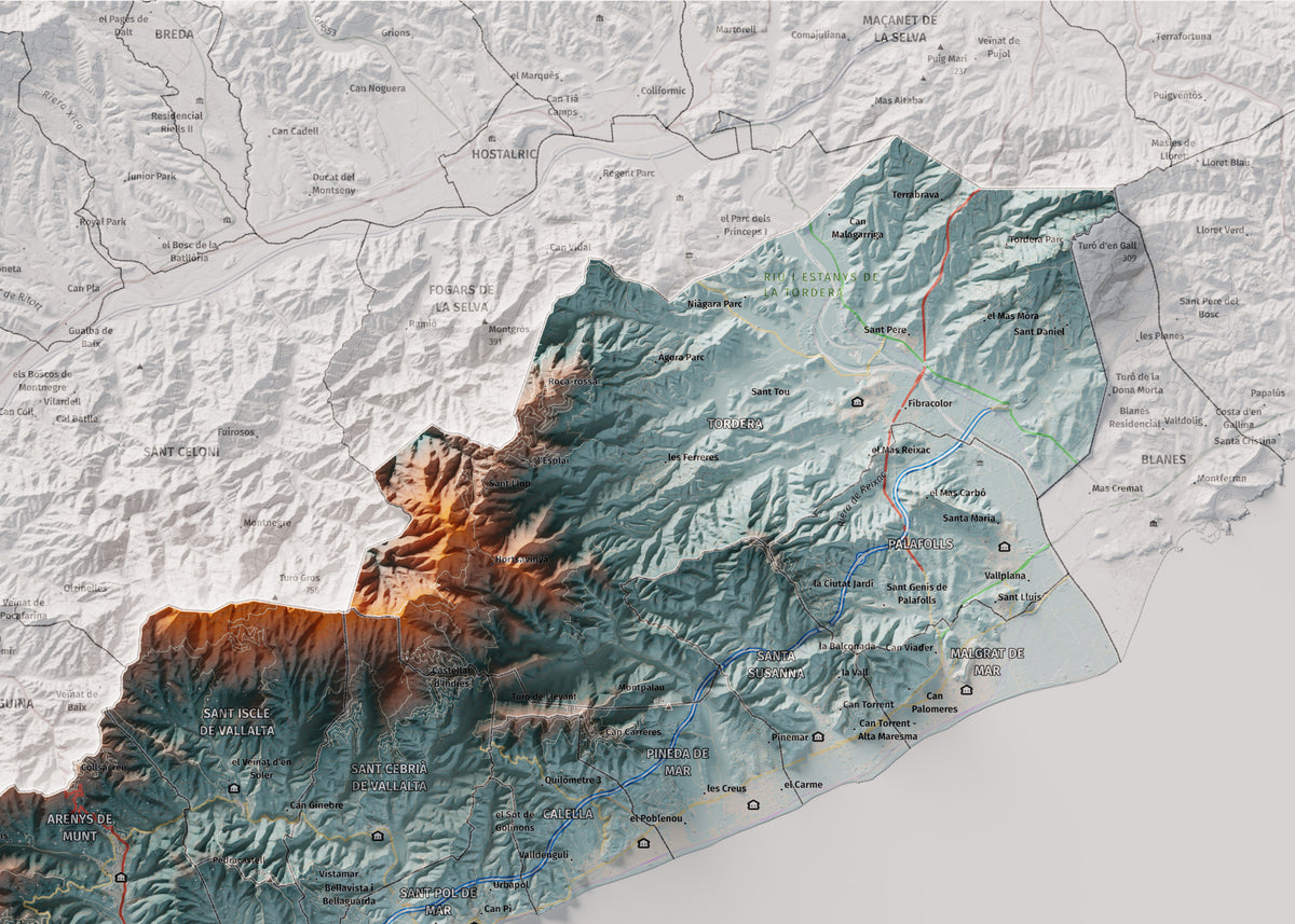 Mapa de relleu del Maresme, amb el territori en color i l’entorn en blanc. Detall de la part superior dreta. 50 × 70 cm. Estil Blau i taronja.