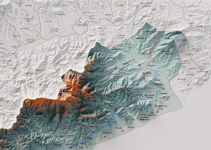 Mapa de relleu del Maresme, amb el territori en color i l’entorn en blanc. Detall de la part superior dreta. 50 × 70 cm. Estil Blau i taronja.