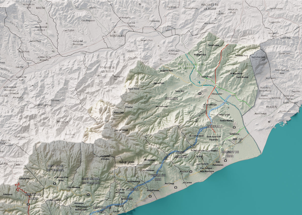 Mapa de relleu del Maresme, amb el territori en color i l’entorn en blanc. Detall de la part superior dreta. 50 × 70 cm. Estil Cartogràfic.