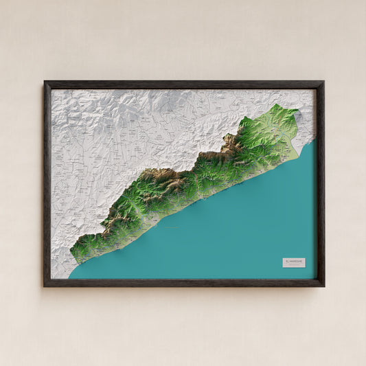 Mapa de relieve del Maresme, con el territorio en color y el entorno en blanco. Presentación con marco. 50 × 70 cm. Estilo Clásico.