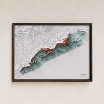 Mapa de relleu del Maresme, amb el territori en color i l’entorn en blanc. Presentació amb marc. 50 × 70 cm. Estil Blau i taronja.