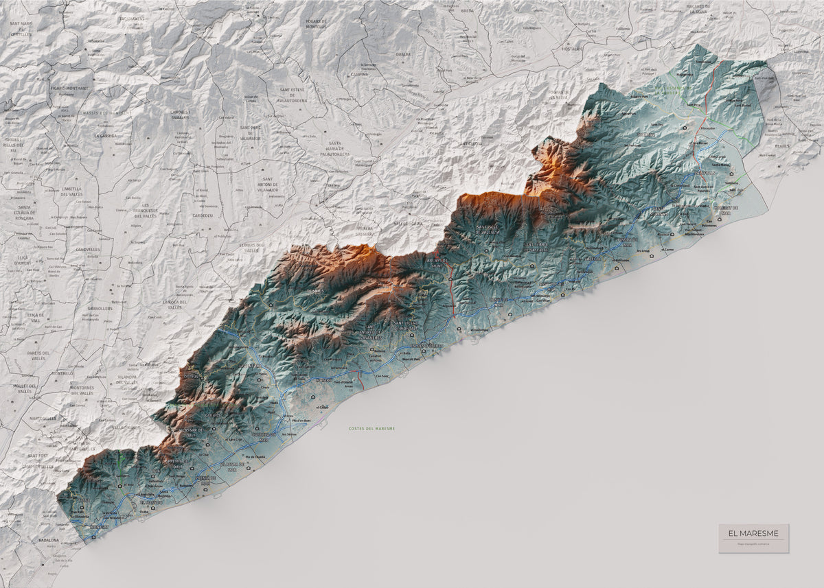 Mapa de relleu del Maresme, amb el territori en color i l’entorn en blanc. Vista completa de la làmina. 50 × 70 cm. Estil Blau i taronja.