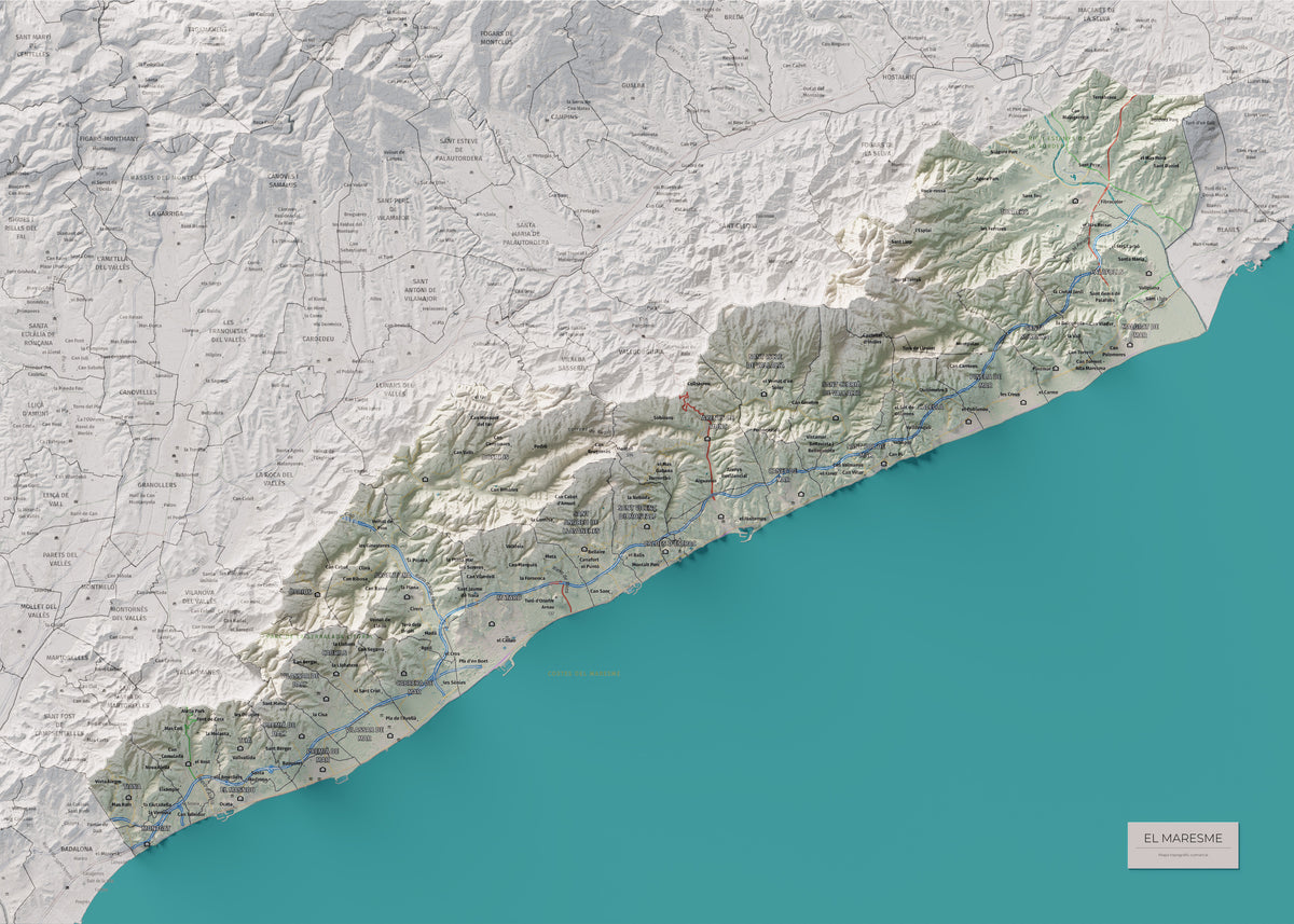 Mapa de relleu del Maresme, amb el territori en color i l’entorn en blanc. Vista completa de la làmina. 50 × 70 cm. Estil Cartogràfic.