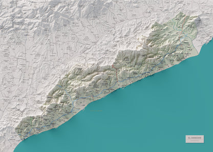 Mapa de relleu del Maresme, amb el territori en color i l’entorn en blanc. Vista completa de la làmina. 50 × 70 cm. Estil Cartogràfic.