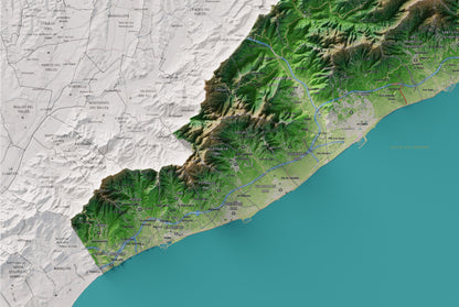 Mapa de relleu del Maresme, amb el territori en color i l’entorn en blanc. Detall de la part inferior esquerra. 61 × 91 cm. Estil Clàssic.