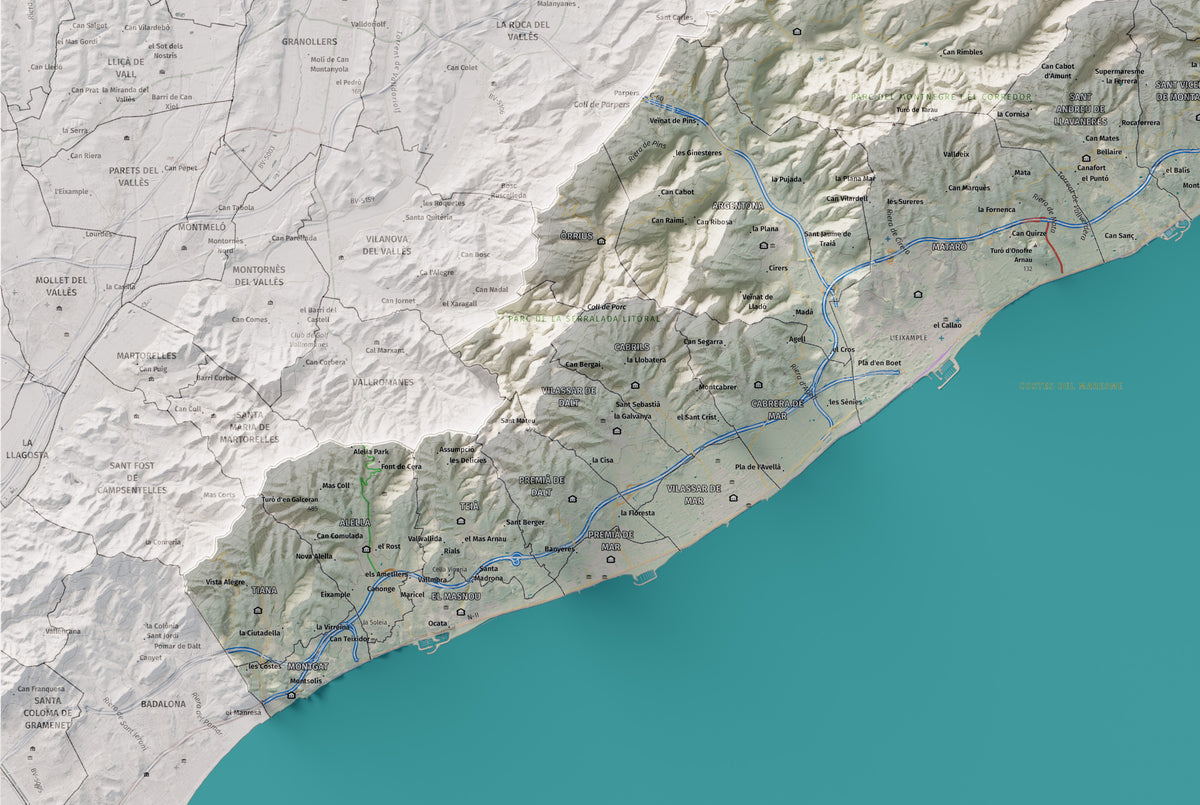 Mapa de relleu del Maresme, amb el territori en color i l’entorn en blanc. Detall de la part inferior esquerra. 61 × 91 cm. Estil Cartogràfic.