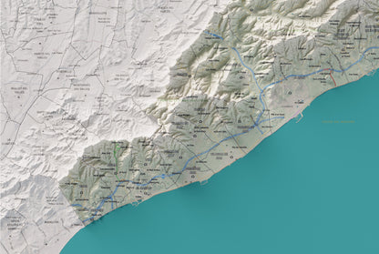 Mapa de relleu del Maresme, amb el territori en color i l’entorn en blanc. Detall de la part inferior esquerra. 61 × 91 cm. Estil Cartogràfic.