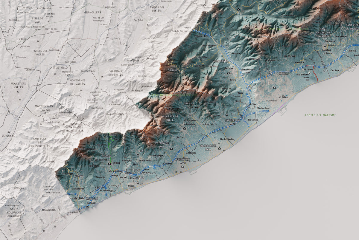 Mapa de relleu del Maresme, amb el territori en color i l’entorn en blanc. Detall de la part inferior esquerra. 61 × 91 cm. Estil Blau i taronja.