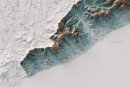Mapa de relleu del Maresme, amb el territori en color i l’entorn en blanc. Detall de la part inferior esquerra. 61 × 91 cm. Estil Blau i taronja.