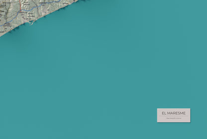 Mapa de relleu del Maresme, amb el territori en color i l’entorn en blanc. Detall de la part inferior dreta. 61 × 91 cm. Estil Cartogràfic.