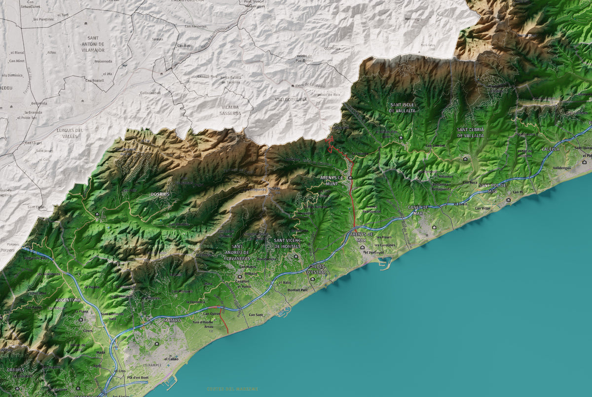 Mapa de relleu del Maresme, amb el territori en color i l’entorn en blanc. Detall de la part central. 61 × 91 cm. Estil Clàssic.