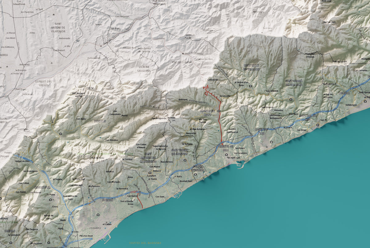 Mapa de relleu del Maresme, amb el territori en color i l’entorn en blanc. Detall de la part central. 61 × 91 cm. Estil Cartogràfic.
