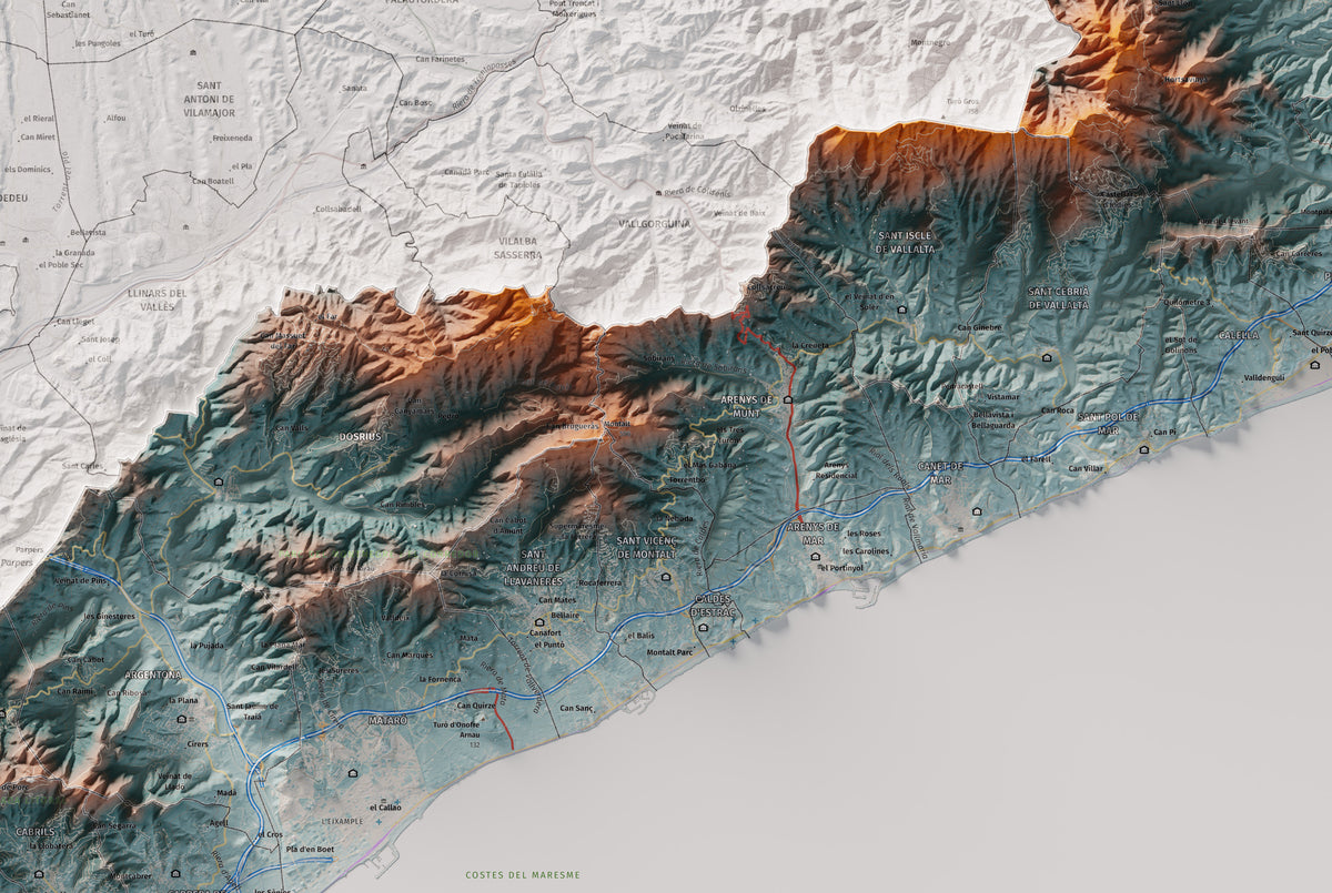 Mapa de relleu del Maresme, amb el territori en color i l’entorn en blanc. Detall de la part central. 61 × 91 cm. Estil Blau i taronja.