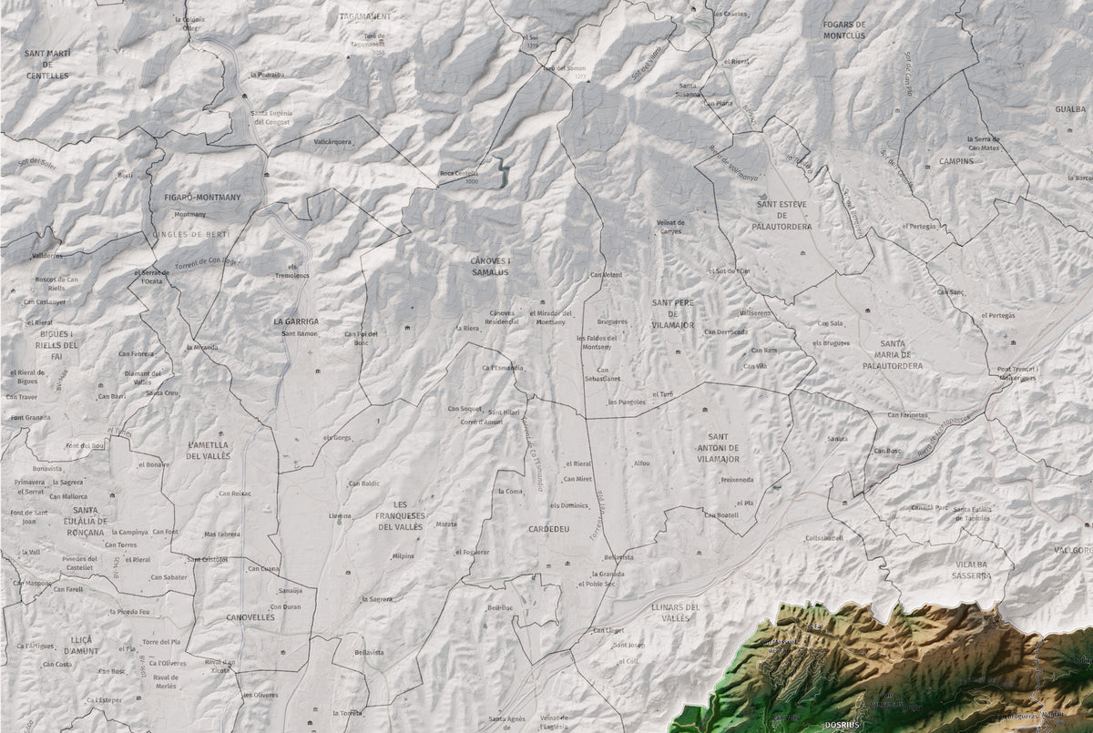 Mapa de relleu del Maresme, amb el territori en color i l’entorn en blanc. Detall de la part superior esquerra. 61 × 91 cm. Estil Clàssic.