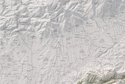 Mapa de relleu del Maresme, amb el territori en color i l’entorn en blanc. Detall de la part superior esquerra. 61 × 91 cm. Estil Cartogràfic.