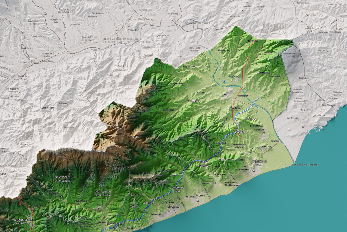 Mapa de relleu del Maresme, amb el territori en color i l’entorn en blanc. Detall de la part superior dreta. 61 × 91 cm. Estil Clàssic.