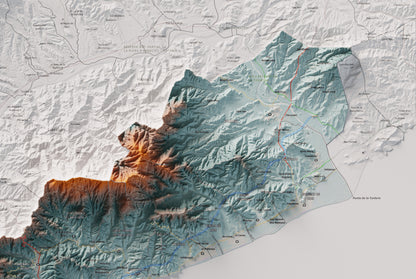 Mapa de relleu del Maresme, amb el territori en color i l’entorn en blanc. Detall de la part superior dreta. 61 × 91 cm. Estil Blau i taronja.