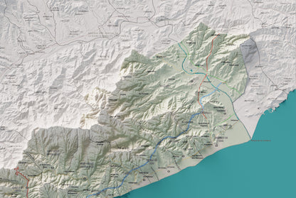 Mapa de relleu del Maresme, amb el territori en color i l’entorn en blanc. Detall de la part superior dreta. 61 × 91 cm. Estil Cartogràfic.