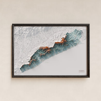 Mapa de relleu del Maresme, amb el territori en color i l’entorn en blanc. Presentació amb marc. 61 × 91 cm. Estil Blau i taronja.