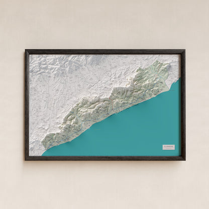 Mapa de relleu del Maresme, amb el territori en color i l’entorn en blanc. Presentació amb marc. 61 × 91 cm. Estil Cartogràfic.