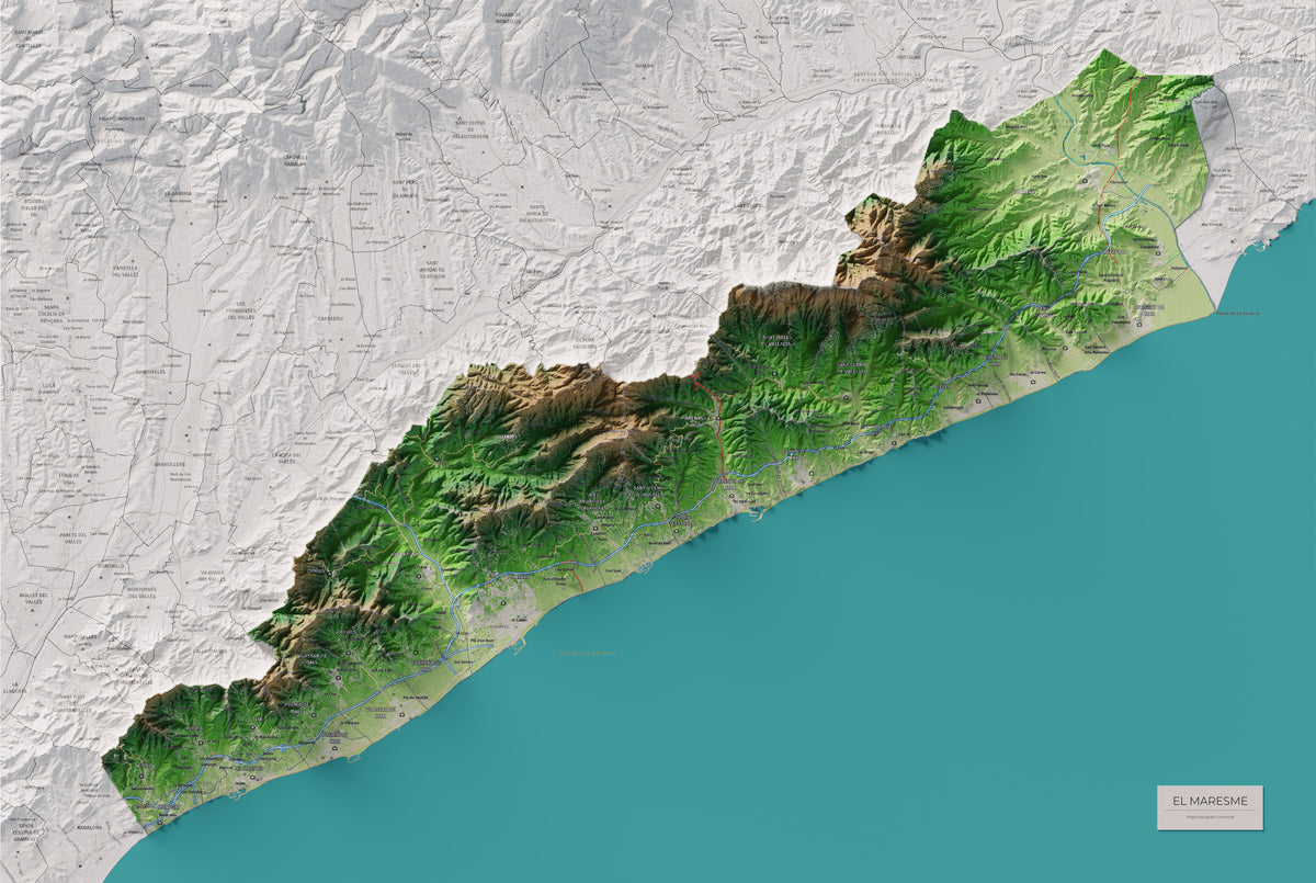 Mapa de relleu del Maresme, amb el territori en color i l’entorn en blanc. Vista completa de la làmina. 61 × 91 cm. Estil Clàssic.