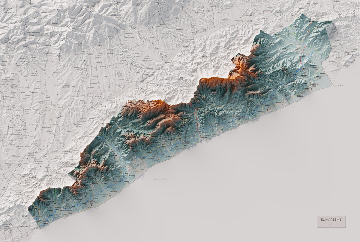 Mapa de relleu del Maresme, amb el territori en color i l’entorn en blanc. Vista completa de la làmina. 61 × 91 cm. Estil Blau i taronja.