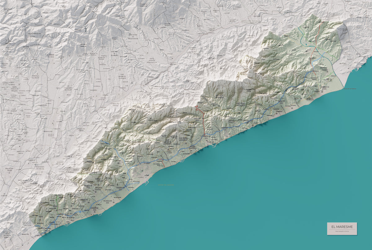 Mapa de relleu del Maresme, amb el territori en color i l’entorn en blanc. Vista completa de la làmina. 61 × 91 cm. Estil Cartogràfic.