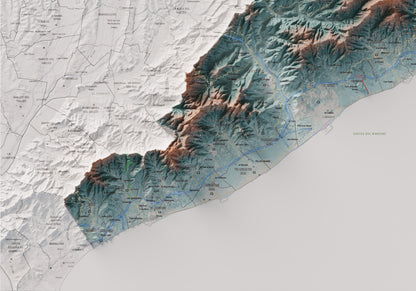 Mapa de relleu del Maresme, amb el territori en color i l’entorn en blanc. Detall de la part inferior esquerra. 70 × 100 cm. Estil Blau i taronja.
