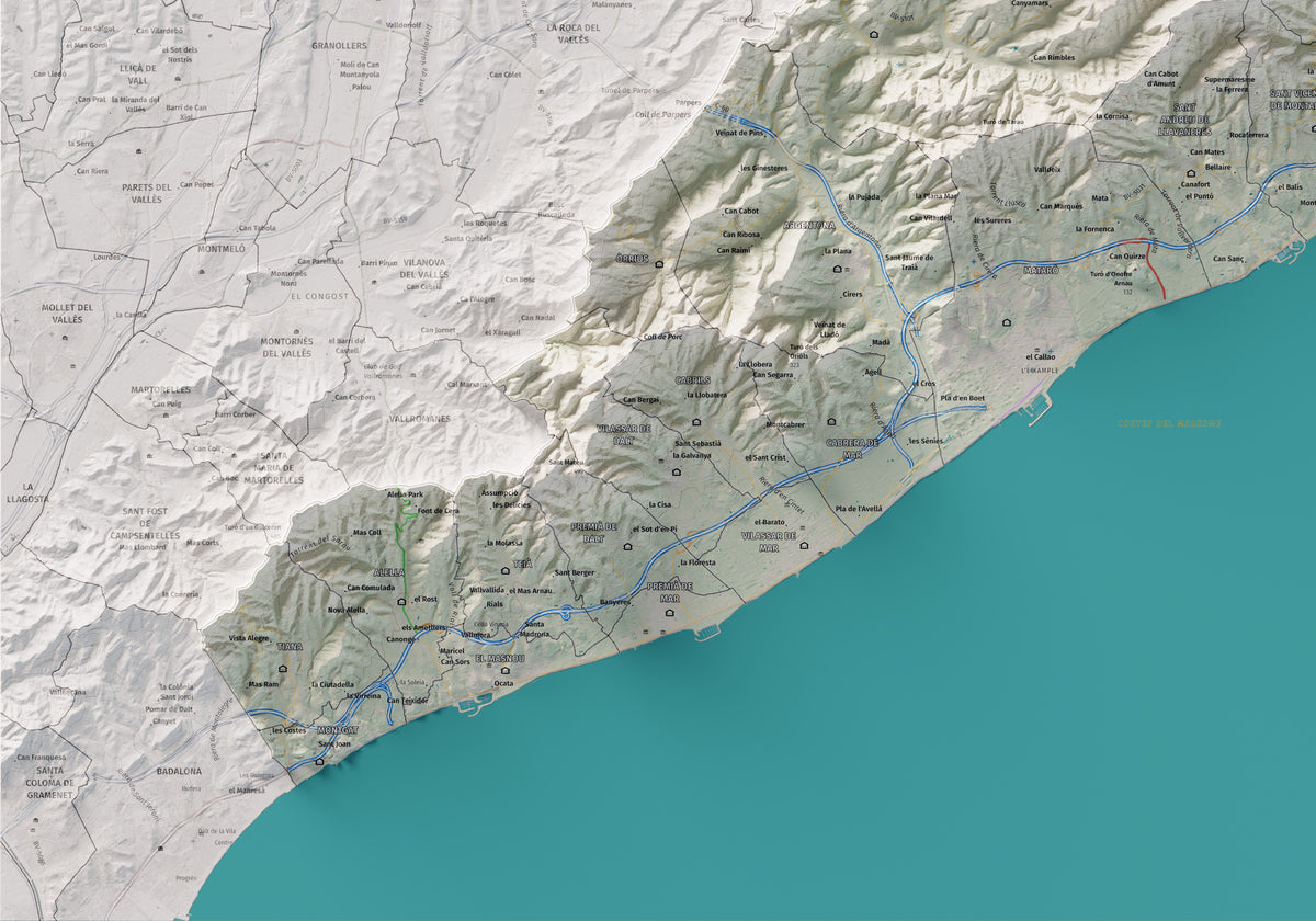 Mapa de relleu del Maresme, amb el territori en color i l’entorn en blanc. Detall de la part inferior esquerra. 70 × 100 cm. Estil Cartogràfic.