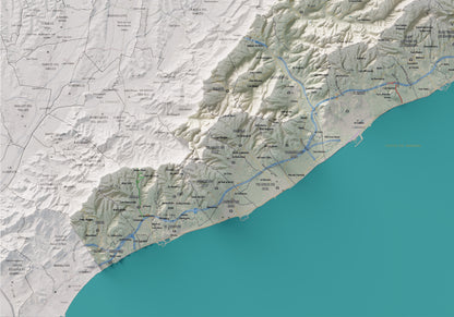 Mapa de relleu del Maresme, amb el territori en color i l’entorn en blanc. Detall de la part inferior esquerra. 70 × 100 cm. Estil Cartogràfic.