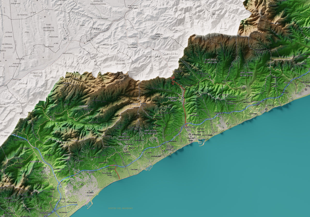 Mapa de relleu del Maresme, amb el territori en color i l’entorn en blanc. Detall de la part central. 70 × 100 cm. Estil Clàssic.