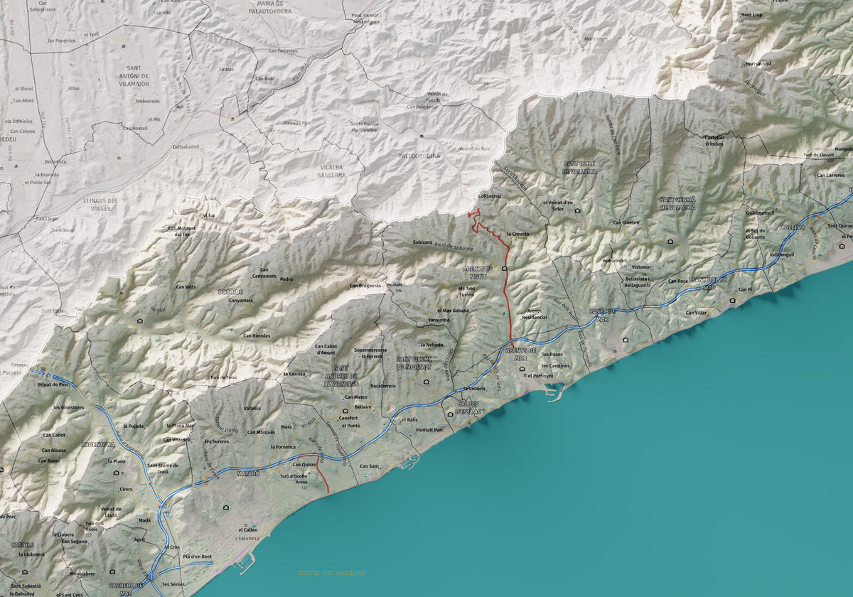 Mapa de relleu del Maresme, amb el territori en color i l’entorn en blanc. Detall de la part central. 70 × 100 cm. Estil Cartogràfic.