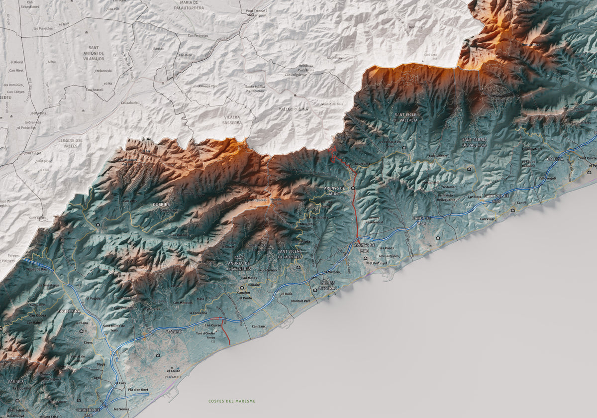 Mapa de relleu del Maresme, amb el territori en color i l’entorn en blanc. Detall de la part central. 70 × 100 cm. Estil Blau i taronja.