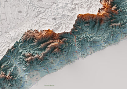 Mapa de relleu del Maresme, amb el territori en color i l’entorn en blanc. Detall de la part central. 70 × 100 cm. Estil Blau i taronja.