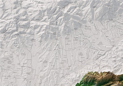 Mapa de relleu del Maresme, amb el territori en color i l’entorn en blanc. Detall de la part superior esquerra. 70 × 100 cm. Estil Clàssic.