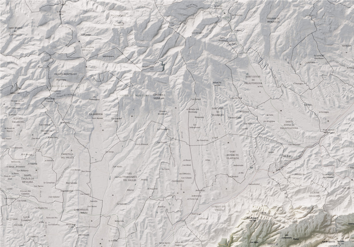 Mapa de relleu del Maresme, amb el territori en color i l’entorn en blanc. Detall de la part superior esquerra. 70 × 100 cm. Estil Cartogràfic.