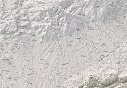 Mapa de relleu del Maresme, amb el territori en color i l’entorn en blanc. Detall de la part superior esquerra. 70 × 100 cm. Estil Cartogràfic.