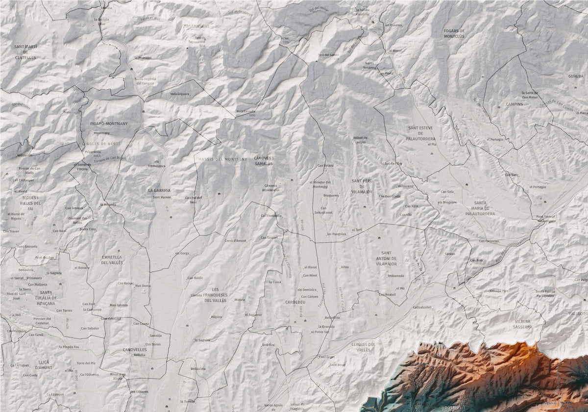 Mapa de relleu del Maresme, amb el territori en color i l’entorn en blanc. Detall de la part superior esquerra. 70 × 100 cm. Estil Blau i taronja.