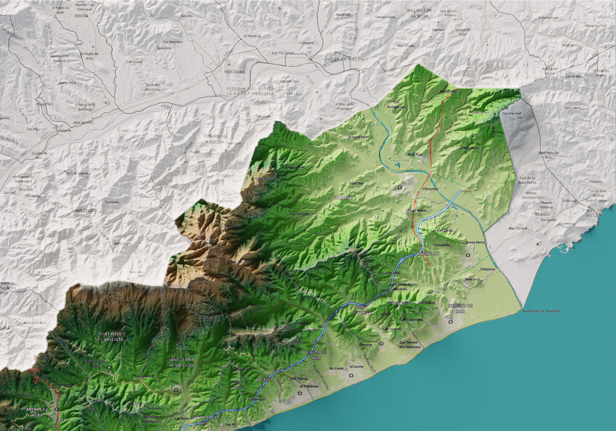 Mapa de relleu del Maresme, amb el territori en color i l’entorn en blanc. Detall de la part superior dreta. 70 × 100 cm. Estil Clàssic.