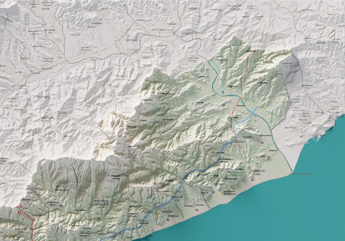 Mapa de relleu del Maresme, amb el territori en color i l’entorn en blanc. Detall de la part superior dreta. 70 × 100 cm. Estil Cartogràfic.