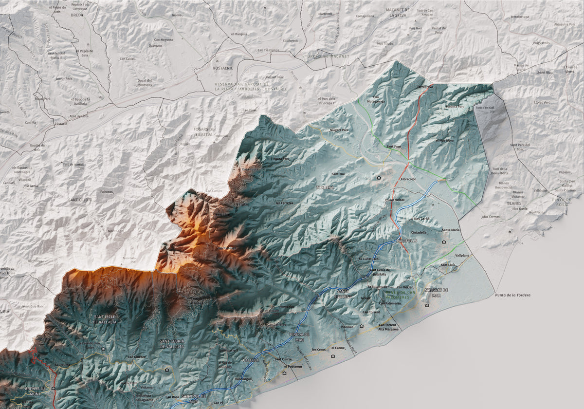 Mapa de relleu del Maresme, amb el territori en color i l’entorn en blanc. Detall de la part superior dreta. 70 × 100 cm. Estil Blau i taronja.