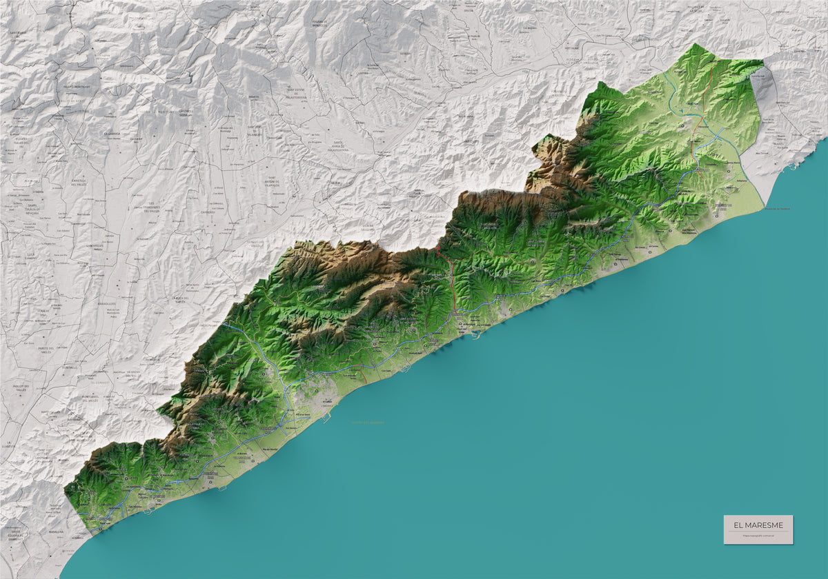 Mapa de relleu del Maresme, amb el territori en color i l’entorn en blanc. Vista completa de la làmina. 70 × 100 cm. Estil Clàssic.