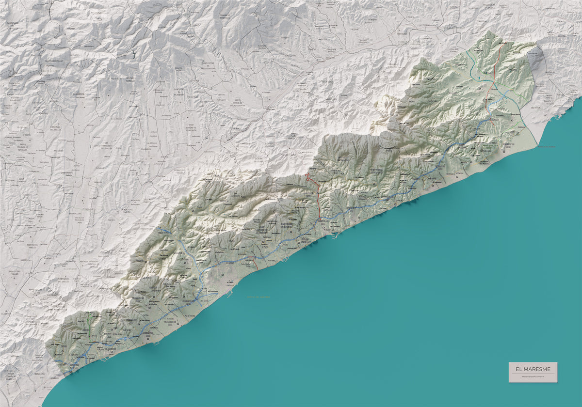 Mapa de relleu del Maresme, amb el territori en color i l’entorn en blanc. Vista completa de la làmina. 70 × 100 cm. Estil Cartogràfic.