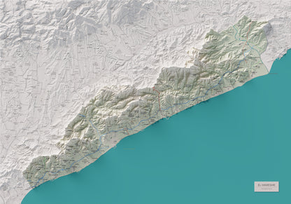 Mapa de relleu del Maresme, amb el territori en color i l’entorn en blanc. Vista completa de la làmina. 70 × 100 cm. Estil Cartogràfic.