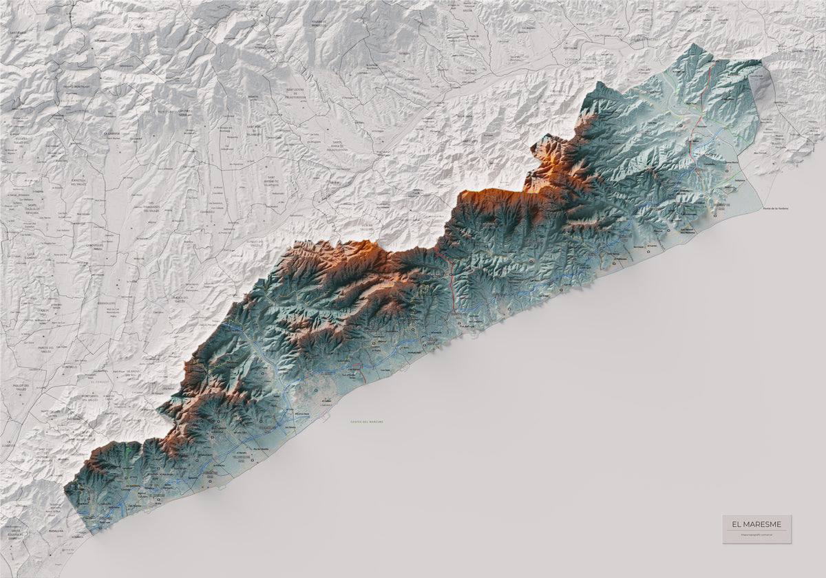 Mapa de relleu del Maresme, amb el territori en color i l’entorn en blanc. Vista completa de la làmina. 70 × 100 cm. Estil Blau i taronja.